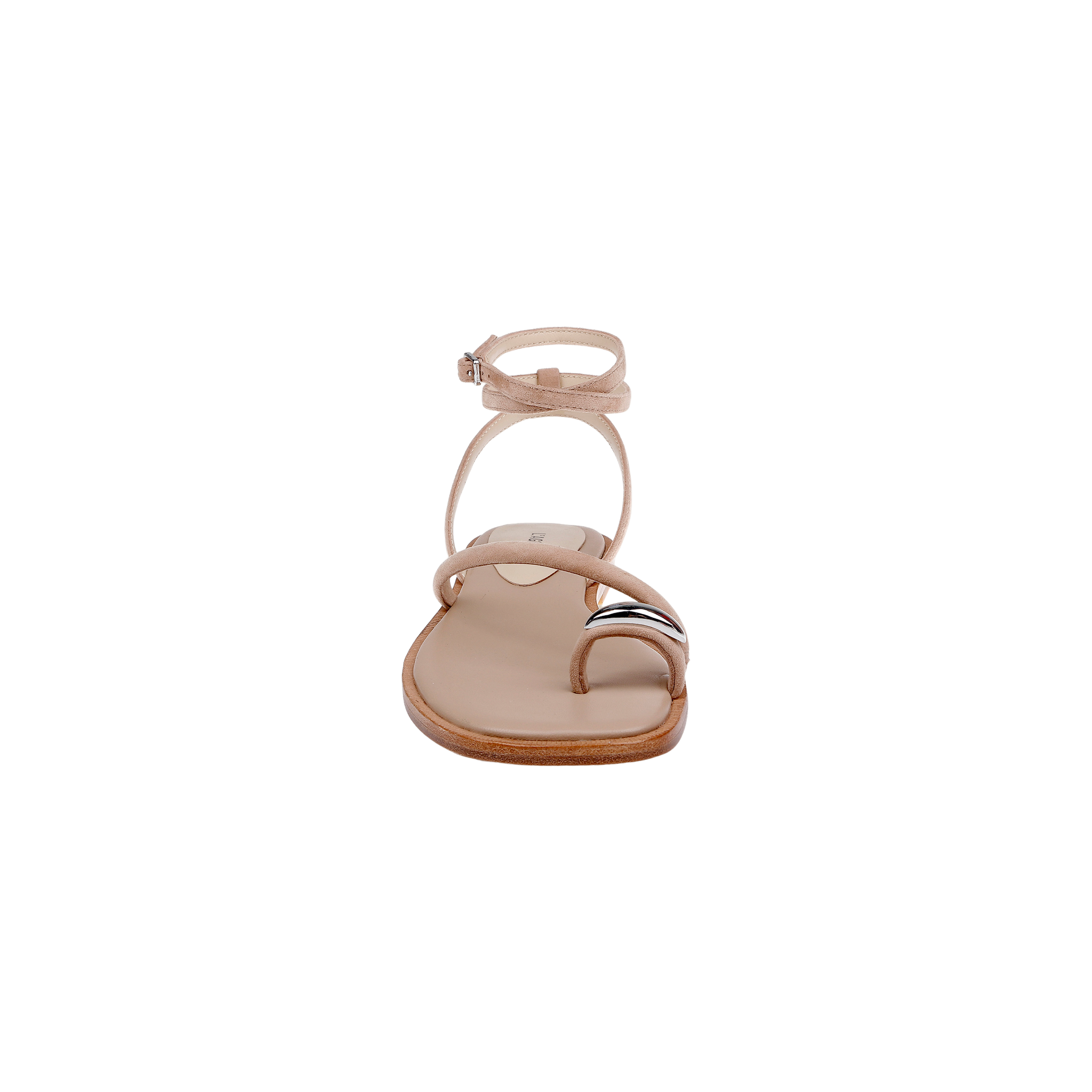 Front view of the Mariana Suede Sandal in tan, showcasing thin asymmetric suede straps, an ankle buckle closure, and a flat sole, displayed against a plain white background.