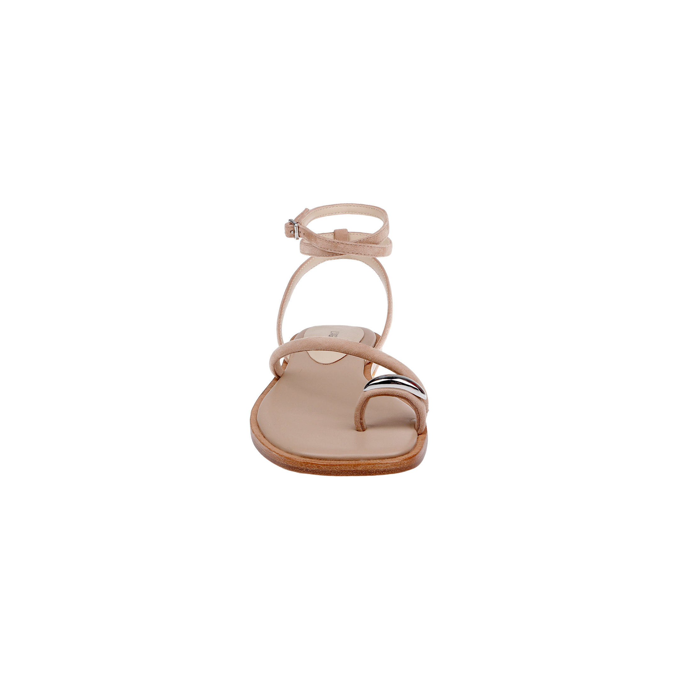 Front view of the Mariana Suede Sandal in tan, showcasing thin asymmetric suede straps, an ankle buckle closure, and a flat sole, displayed against a plain white background.