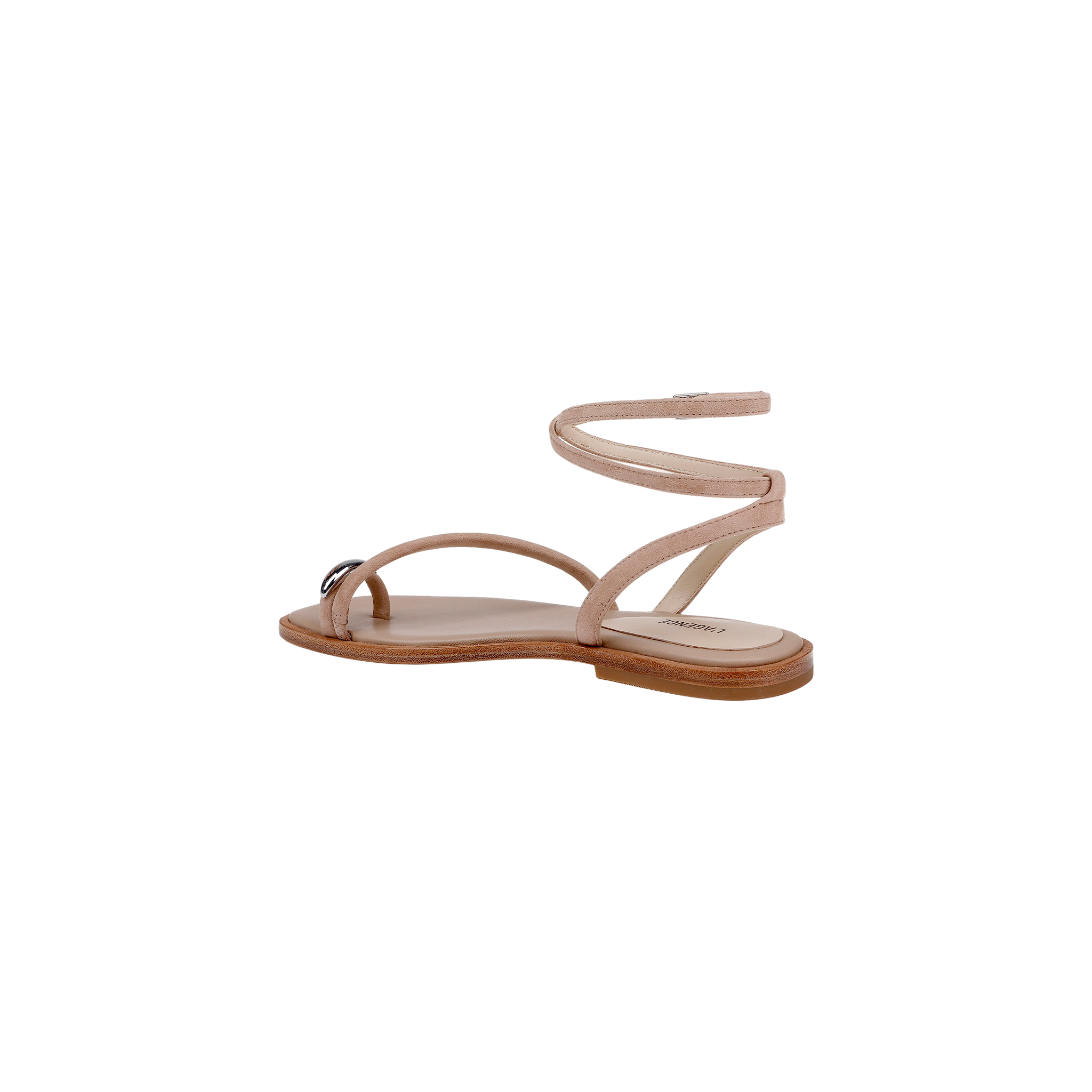 The Mariana Suede Sandal, crafted in tan suede with asymmetric straps, features a delicate ankle strap and minimalist toe loop, set on a light brown sole against a plain white background.