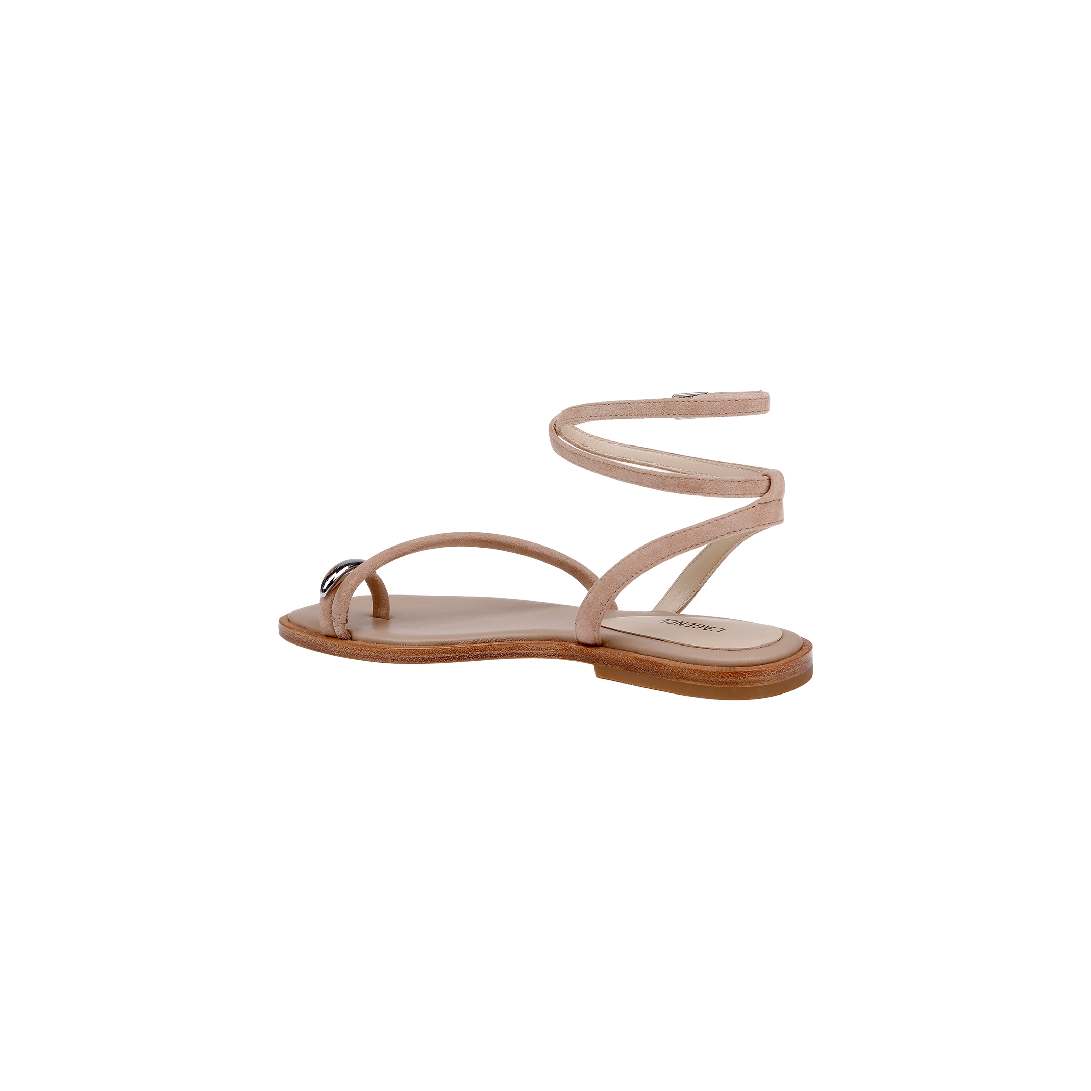 The Mariana Suede Sandal, crafted in tan suede with asymmetric straps, features a delicate ankle strap and minimalist toe loop, set on a light brown sole against a plain white background.