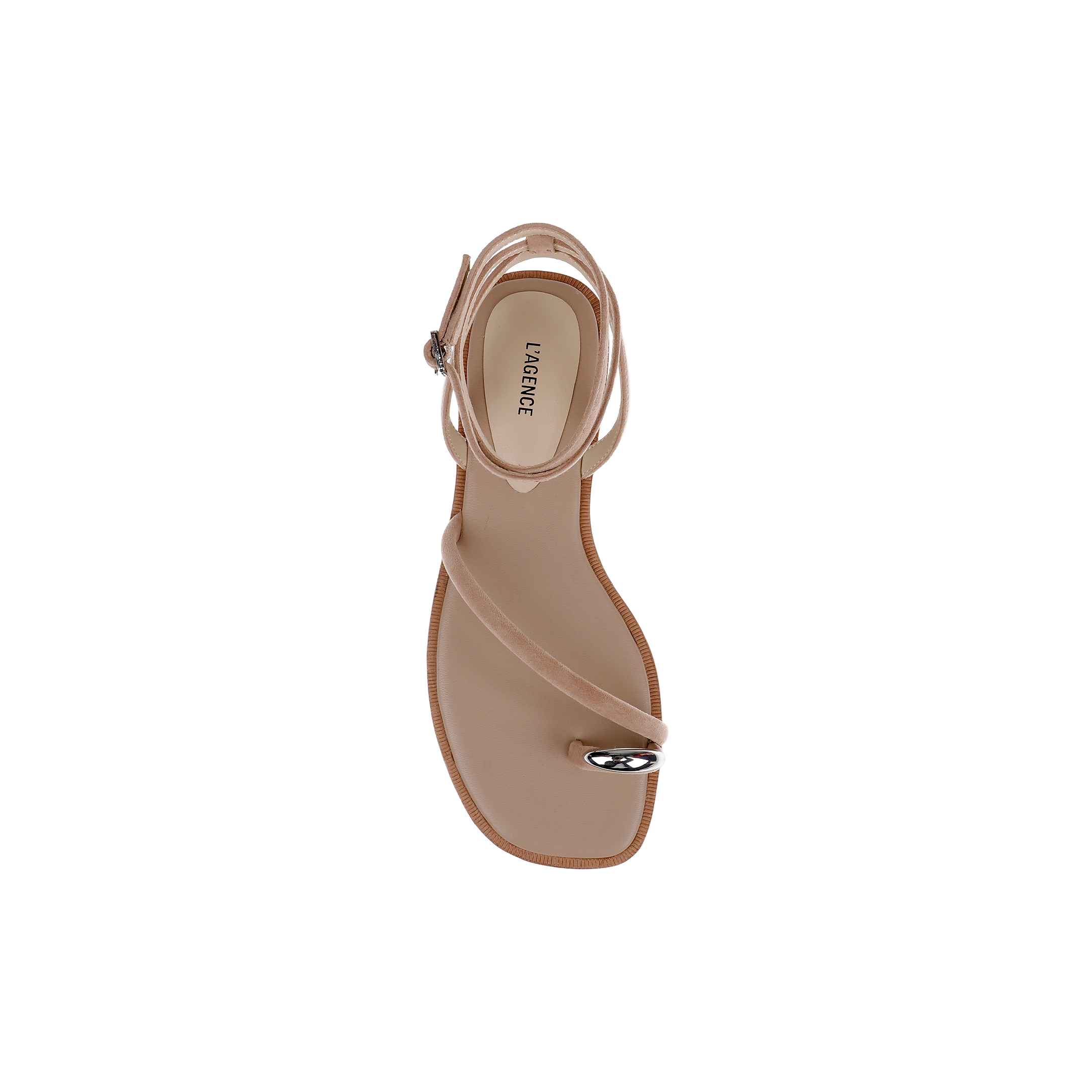 The Mariana Suede Sandal, featuring a square toe, asymmetric thin straps, and a metallic accent at the toe, is shown from above in tan suede against a plain white background.