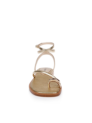 Front view of the Mariana Leather Sandal, showcasing a gold lizard-embossed leather upper with ankle and thin toe straps, plus a tan footbed, displayed against a white background.