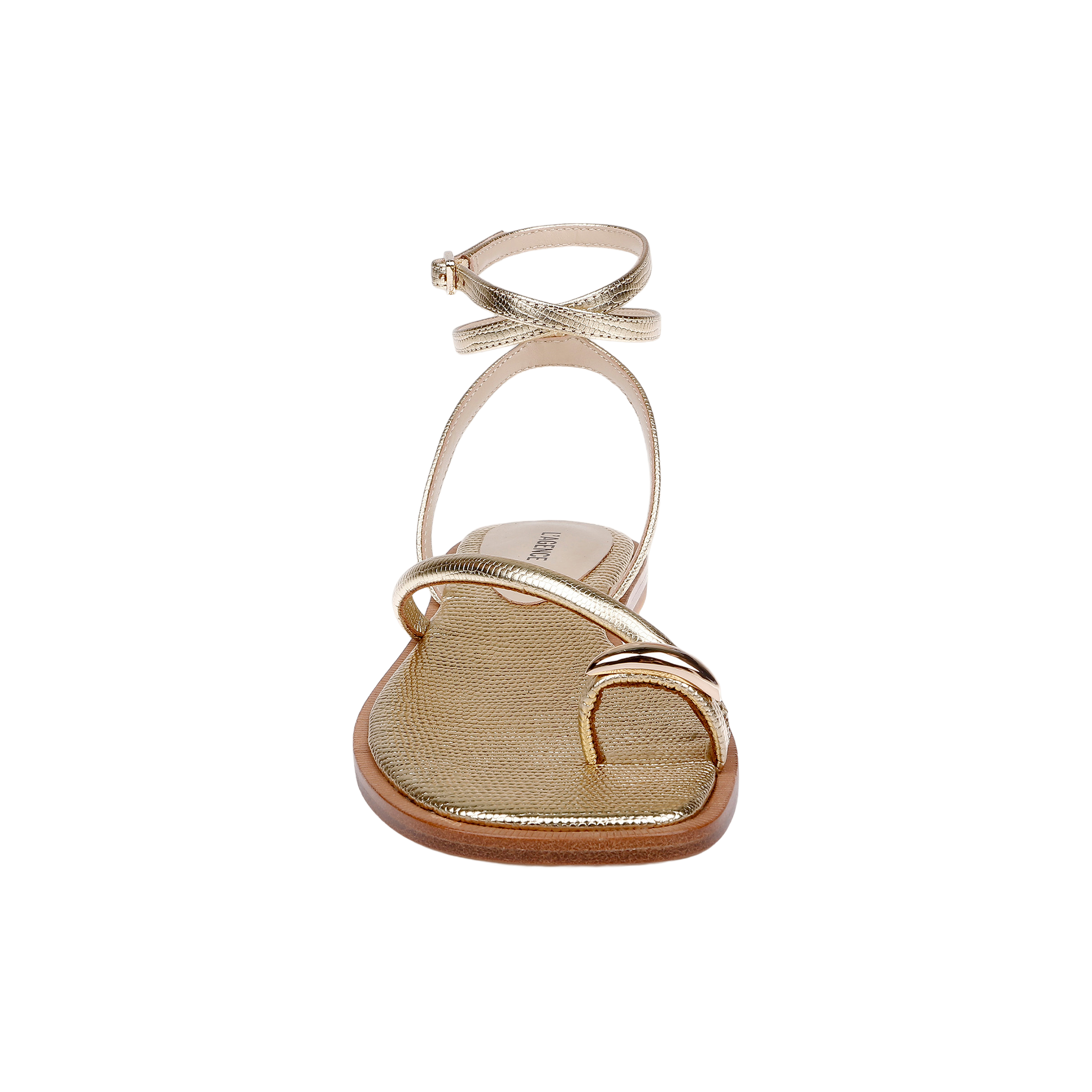 The Mariana Leather Sandal, crafted from gold lizard-embossed leather, features a toe loop, slender ankle tie strap, and a minimalist metallic design, displayed from the front on a white background.