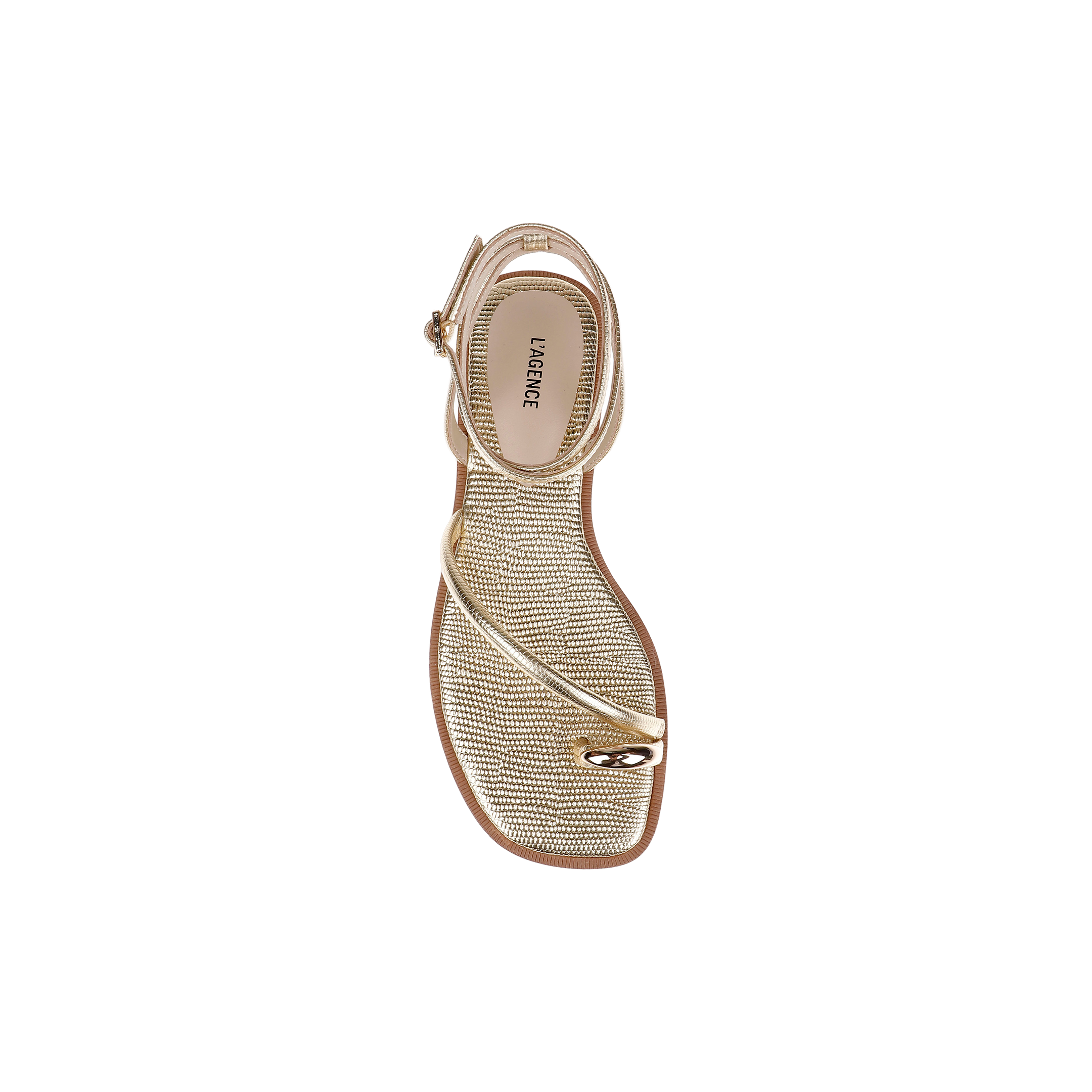 Mariana Leather Sandal in gold lizard-embossed leather, featuring a textured sole, thin straps crossing over the front, and a small metallic embellishment near the toe. Photographed from above on a plain white background.