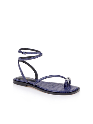 The Mariana Leather Sandal features navy croc-embossed leather with a glossy finish, a toe loop, and double ankle straps with buckles—perfect for a chic, modern look. Displayed on a white background.