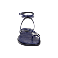 A front view of the Mariana Leather Sandal in navy croc-embossed leather, showcasing a toe loop, two foot straps, and an ankle strap with a buckle, set against a white background.