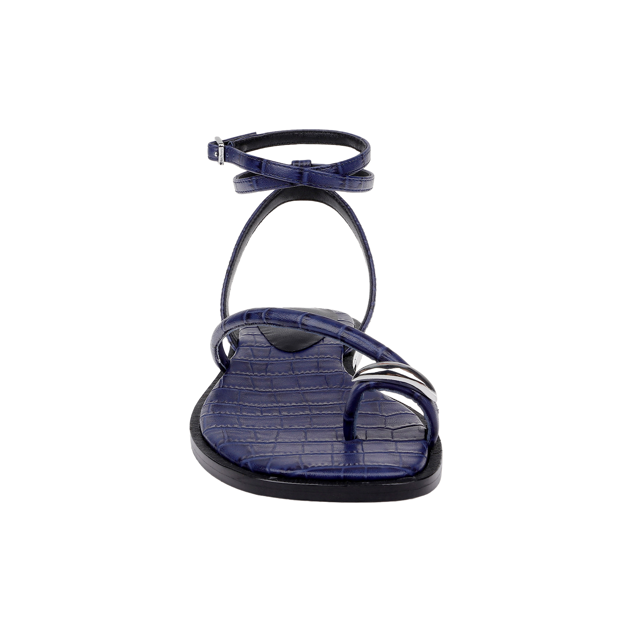 A front view of the Mariana Leather Sandal in navy croc-embossed leather, showcasing a toe loop, two foot straps, and an ankle strap with a buckle, set against a white background.