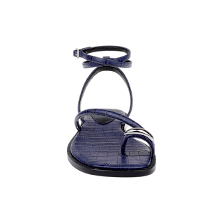 Front view of the Mariana Leather Sandal in navy croc-embossed leather, featuring a dark blue strappy design with ankle and toe straps. This sleek ankle tie flat is crafted from premium leather and is displayed on a white background.