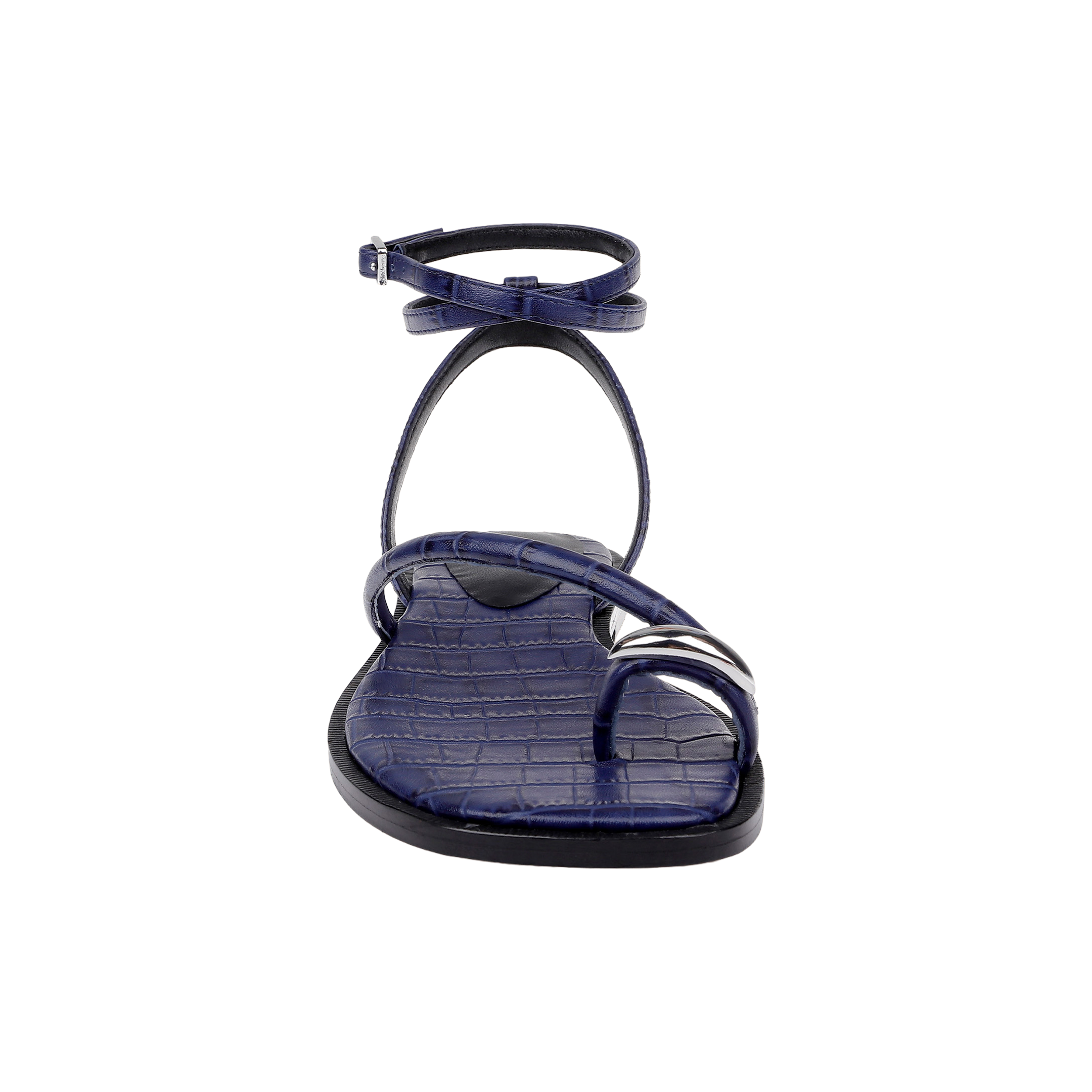 A front view of the Mariana Leather Sandal in navy croc-embossed leather, showcasing a toe loop, two foot straps, and an ankle strap with a buckle, set against a white background.