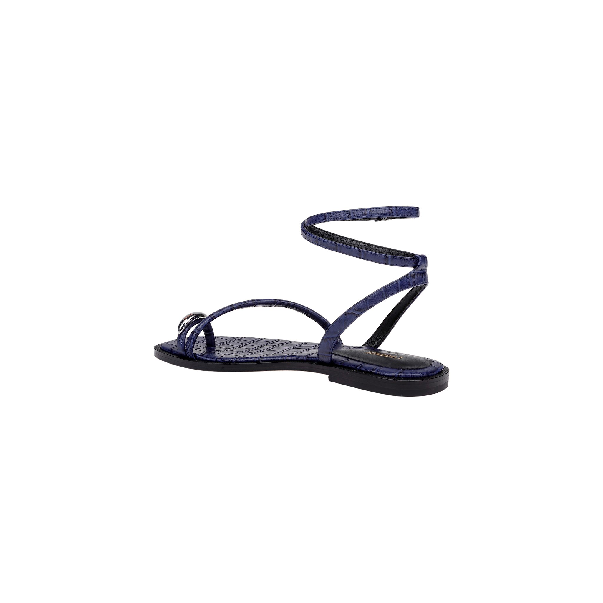The Mariana Leather Sandal, a navy croc-embossed design featuring thin straps and an ankle tie flat strap that wraps around the ankle, is displayed in a side view against a plain white background.