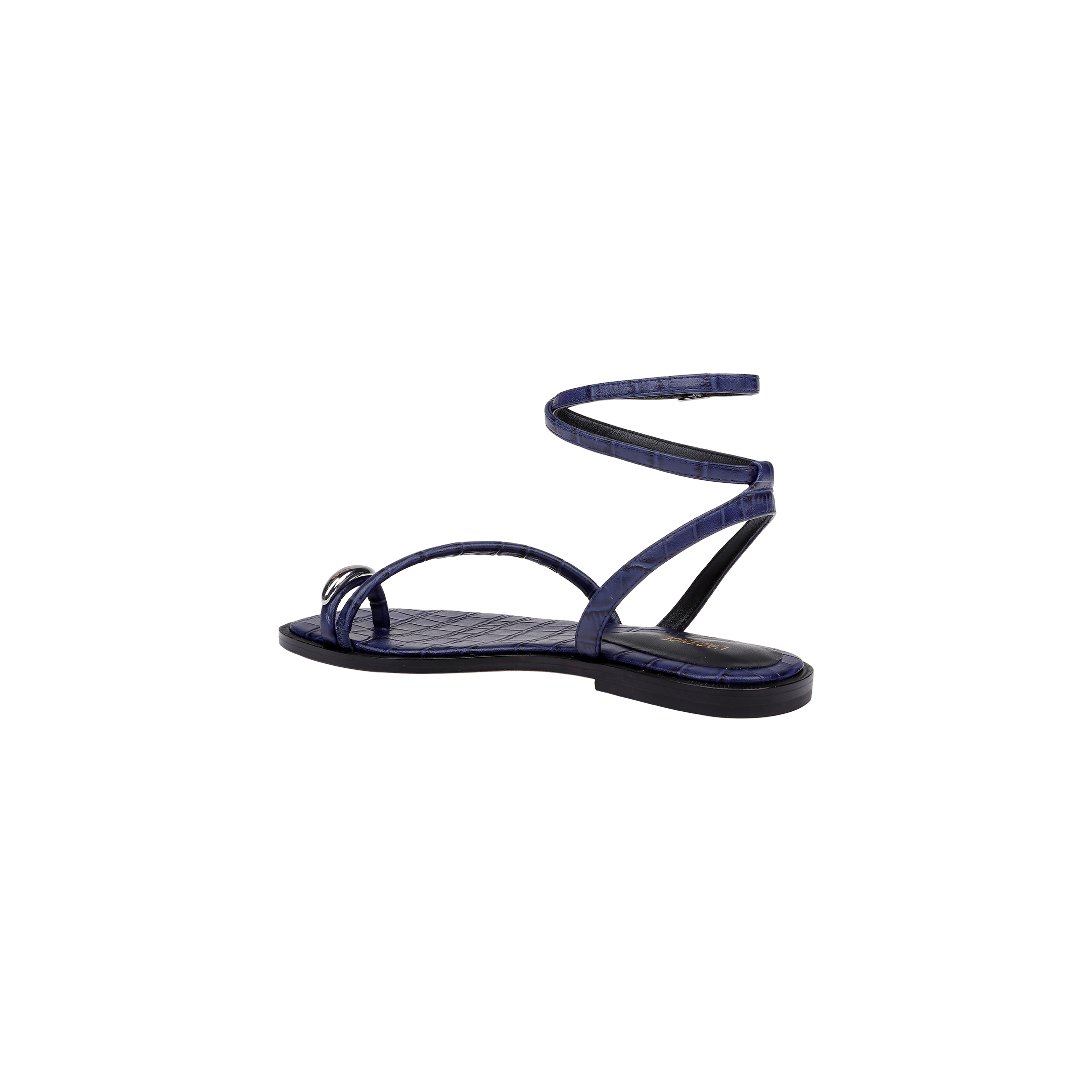 The Mariana Leather Sandal, a navy croc-embossed design featuring thin straps and an ankle tie flat strap that wraps around the ankle, is displayed in a side view against a plain white background.