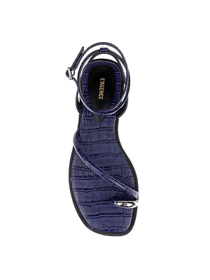 A top view of the Mariana Leather Sandal in navy croc-embossed leather, featuring a thin ankle strap with buckle, a metallic toe loop, and L’Agenfeve branding on the insole.