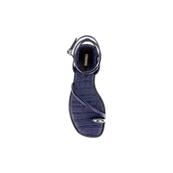 A top view of a single Mariana Leather Sandal in navy croc-embossed leather, featuring a textured pattern, an ankle strap, and a thin front strap with a small metallic detail. “LAGENCE” is written on the insole.