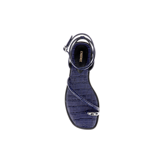 Top view of a single Mariana Leather Sandal in navy croc-embossed leather, featuring a textured surface, a thin ankle strap, and a single slim toe strap. The insole is stamped with the LAGENCE brand name in gold lettering.