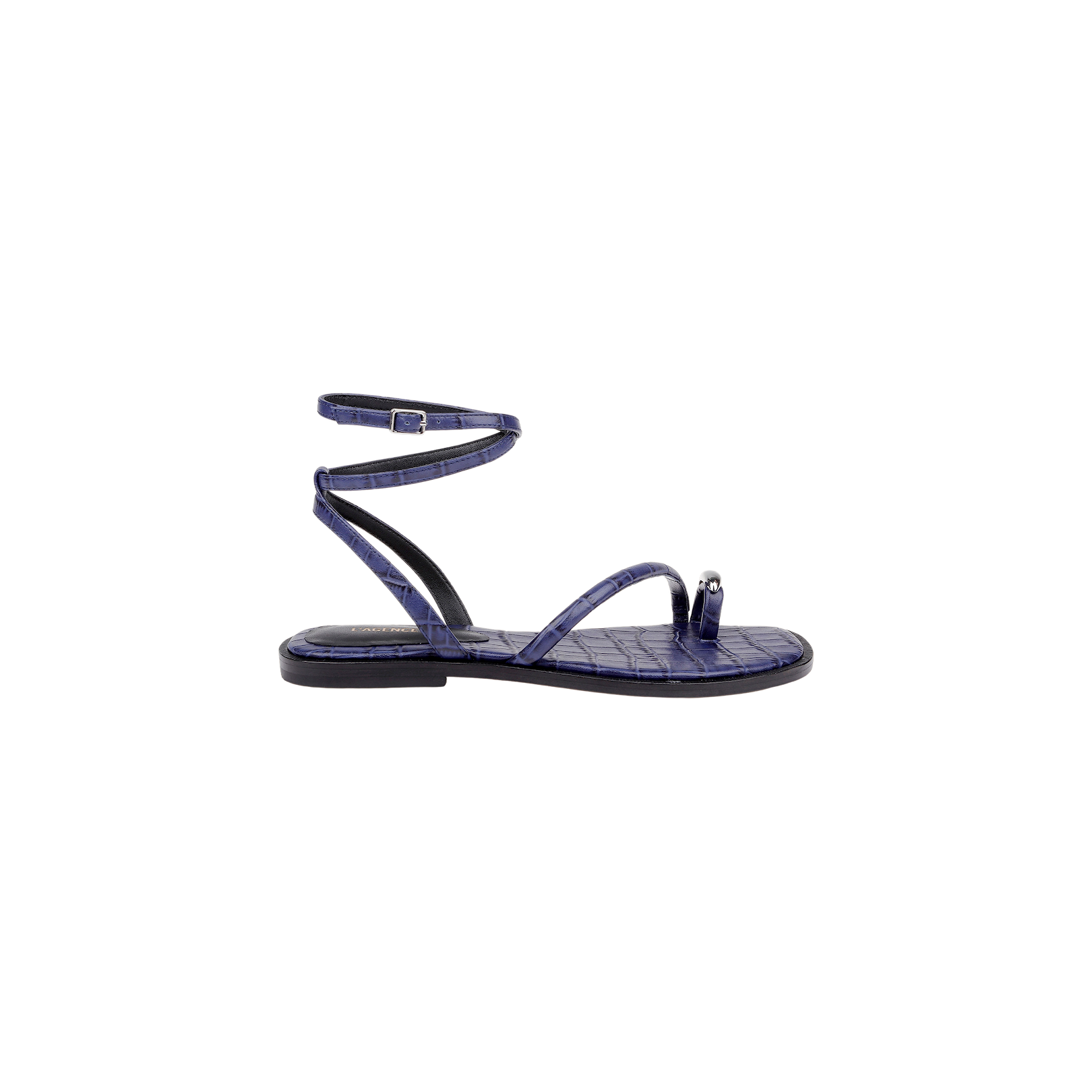 The Mariana Leather Sandal is a purple, crocodile-textured leather sandal with ankle and toe straps, showcasing a small metal detail on the toe strap, displayed in profile against a white background.