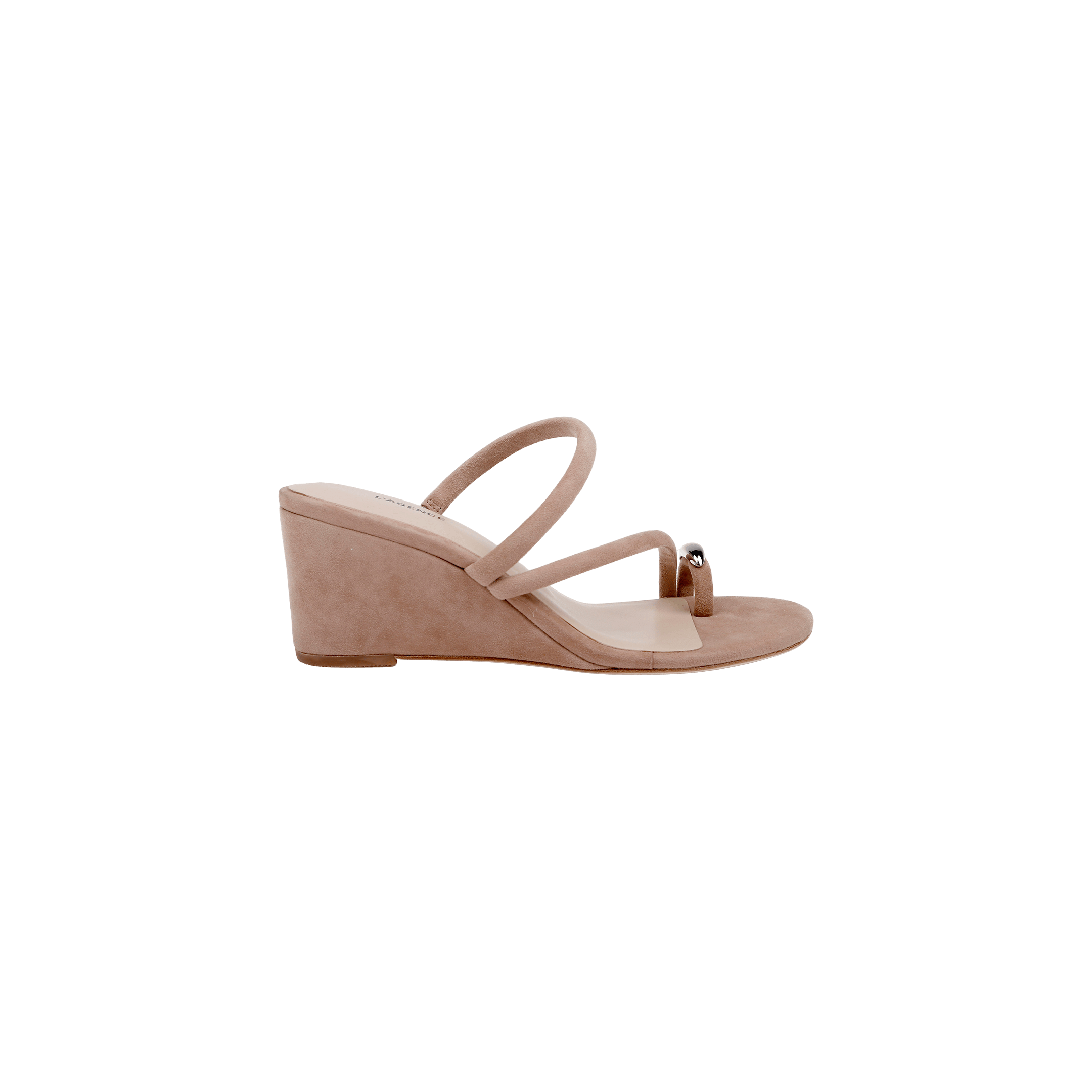 Introducing the Maritza Wedge Sandal: a taupe wedge with a suede upper, two slim straps—including one adorned with a metallic accent—and an open-toe design. The comfortable wedge heel and memory foam insole ensure all-day wearability.
