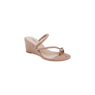 The Maritza Wedge Sandal is a beige wedge with a comfortable, walkable heel, featuring a suede upper and two slim straps—one across the arch and one at the toes adorned with a metallic ring detail—shown against a plain white background.