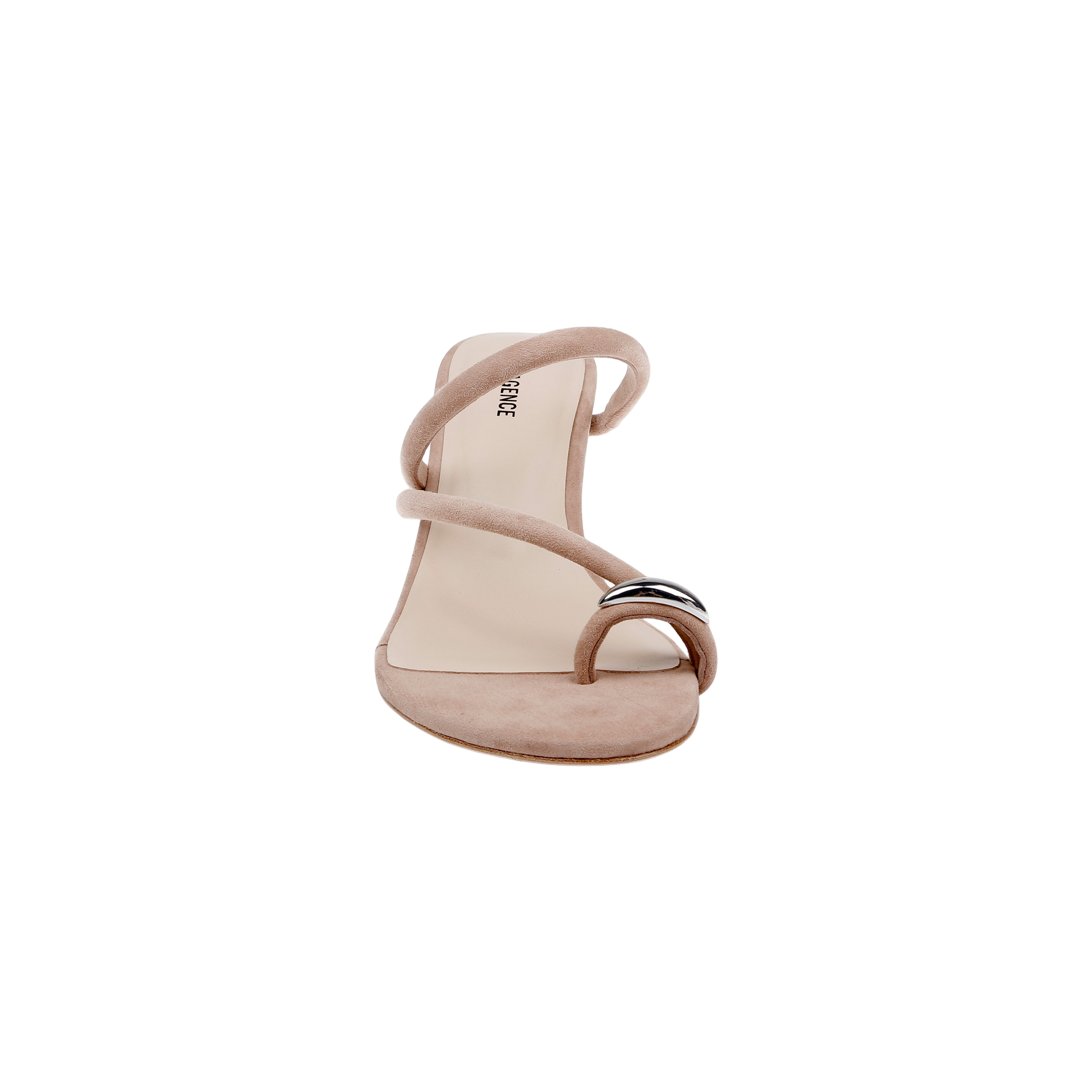 Front view of the Maritza Wedge Sandal in beige, featuring an open toe design with two soft straps—one crossing the top of the foot and one over the toes—a metallic ring accent, and a comfortable memory foam insole.