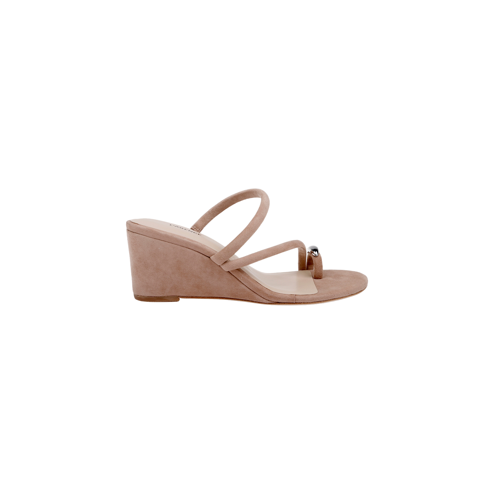 The Maritza Wedge Sandal is a tan, open-toe wedge with a comfortable heel and two slender straps—one accented with metallic detail. It features a suede upper and is displayed on a plain white background.