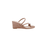 The Maritza Wedge Sandal is a tan, open-toe wedge with a comfortable heel and two slender straps—one accented with metallic detail. It features a suede upper and is displayed on a plain white background.