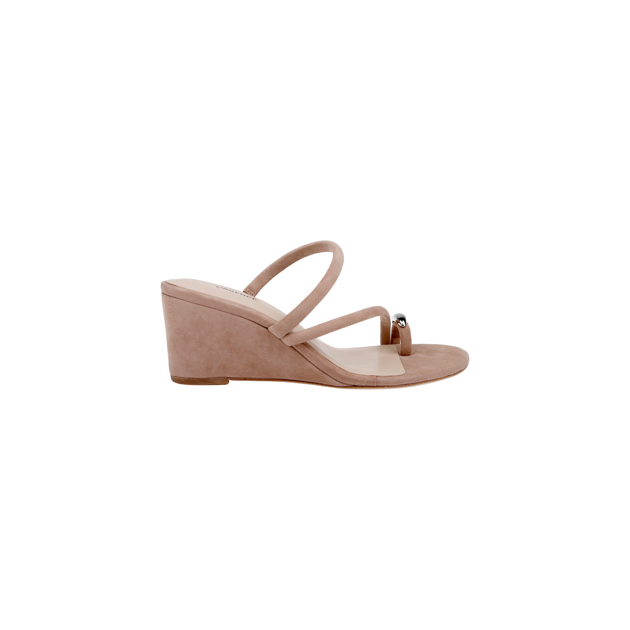 The Maritza Wedge Sandal is a tan, open-toe wedge with a comfortable heel and two slender straps—one accented with metallic detail. It features a suede upper and is displayed on a plain white background.