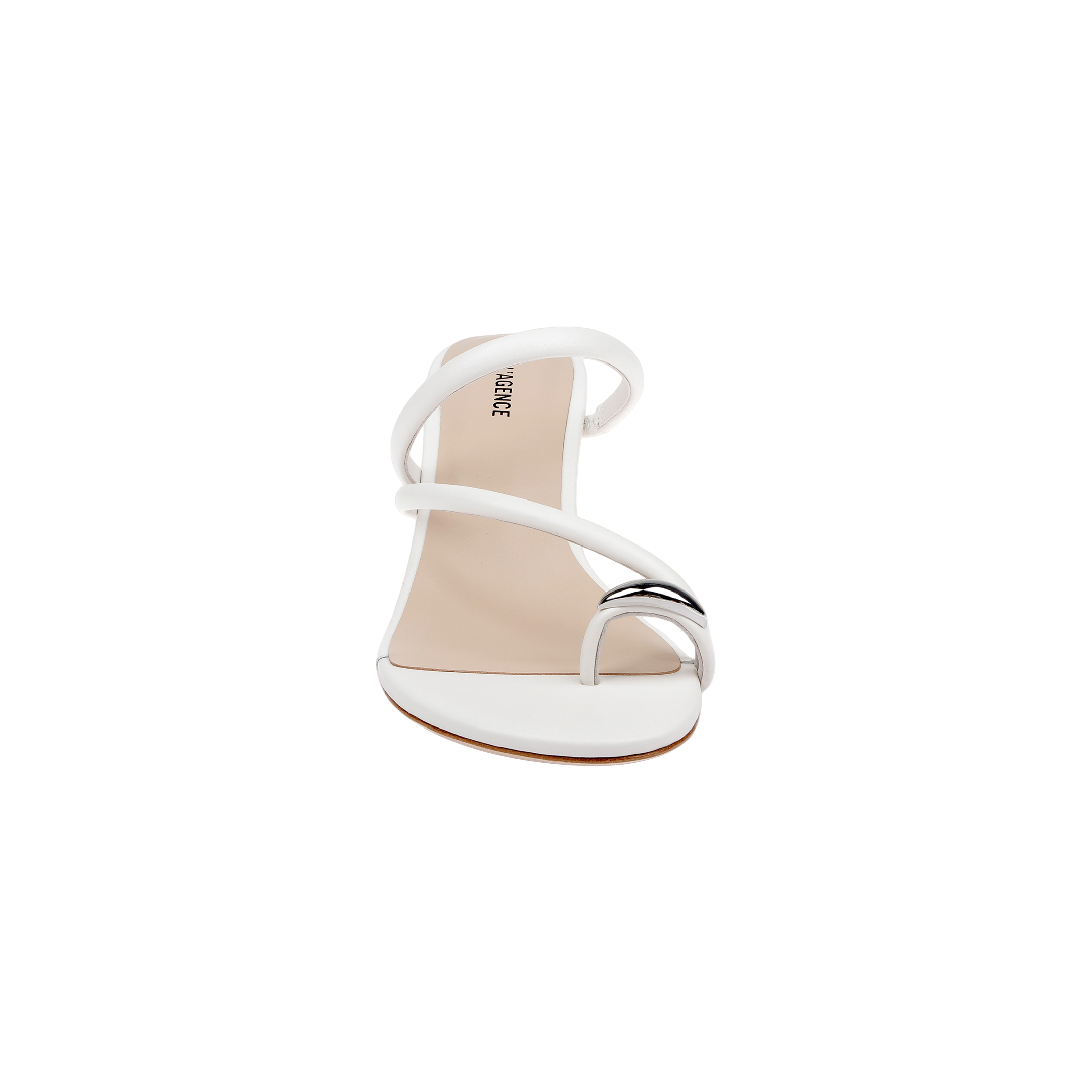 The Maritza Wedge Sandal is displayed from the front against a plain white background, showcasing its white open-toe design with a thin sole and two elegant diagonal straps—one adorned with a sleek metallic accent, and the other featuring a chic metal-capped toe ring.