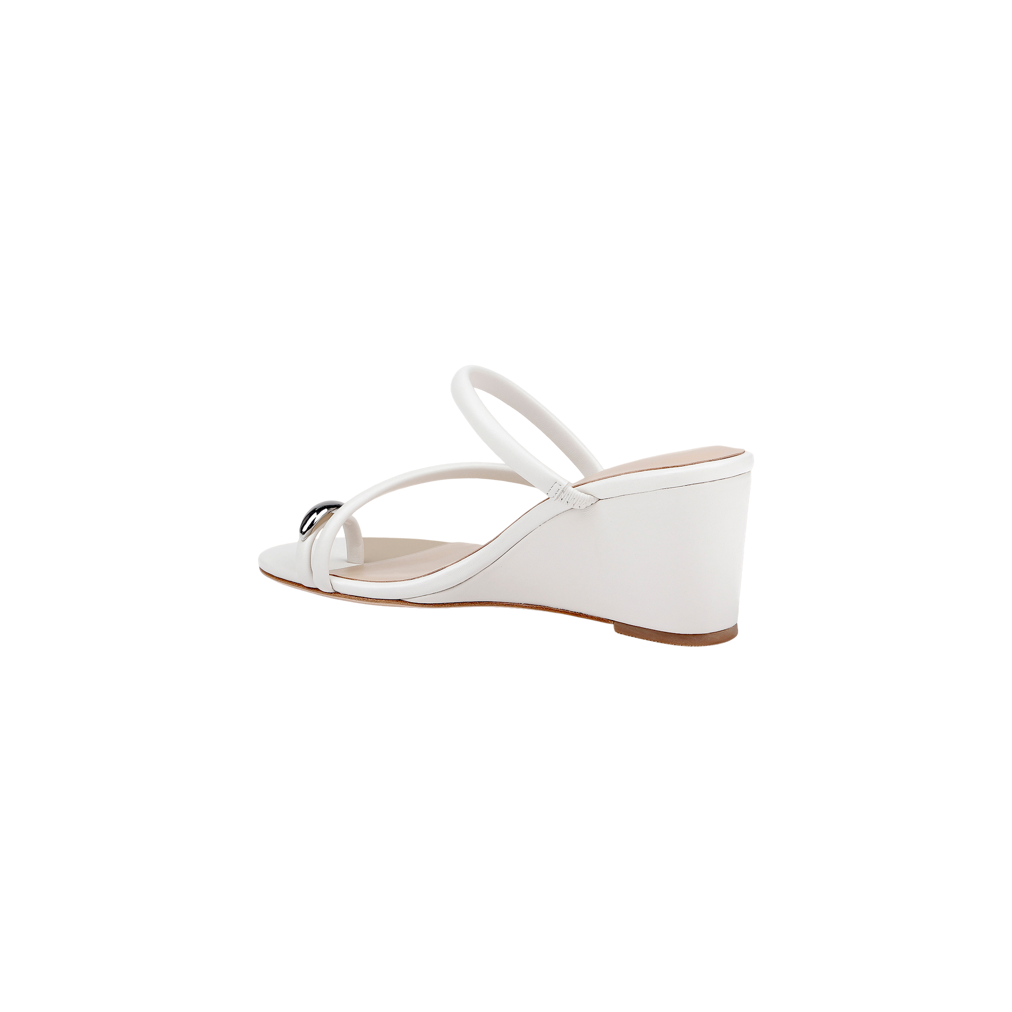 The Maritza Wedge Sandal features a white design with an open toe, two slender straps, and a subtle decorative accent on the front strap. Crafted for both comfort and style, it’s set on a walkable wedge with a tan sole, shown against a plain white background.