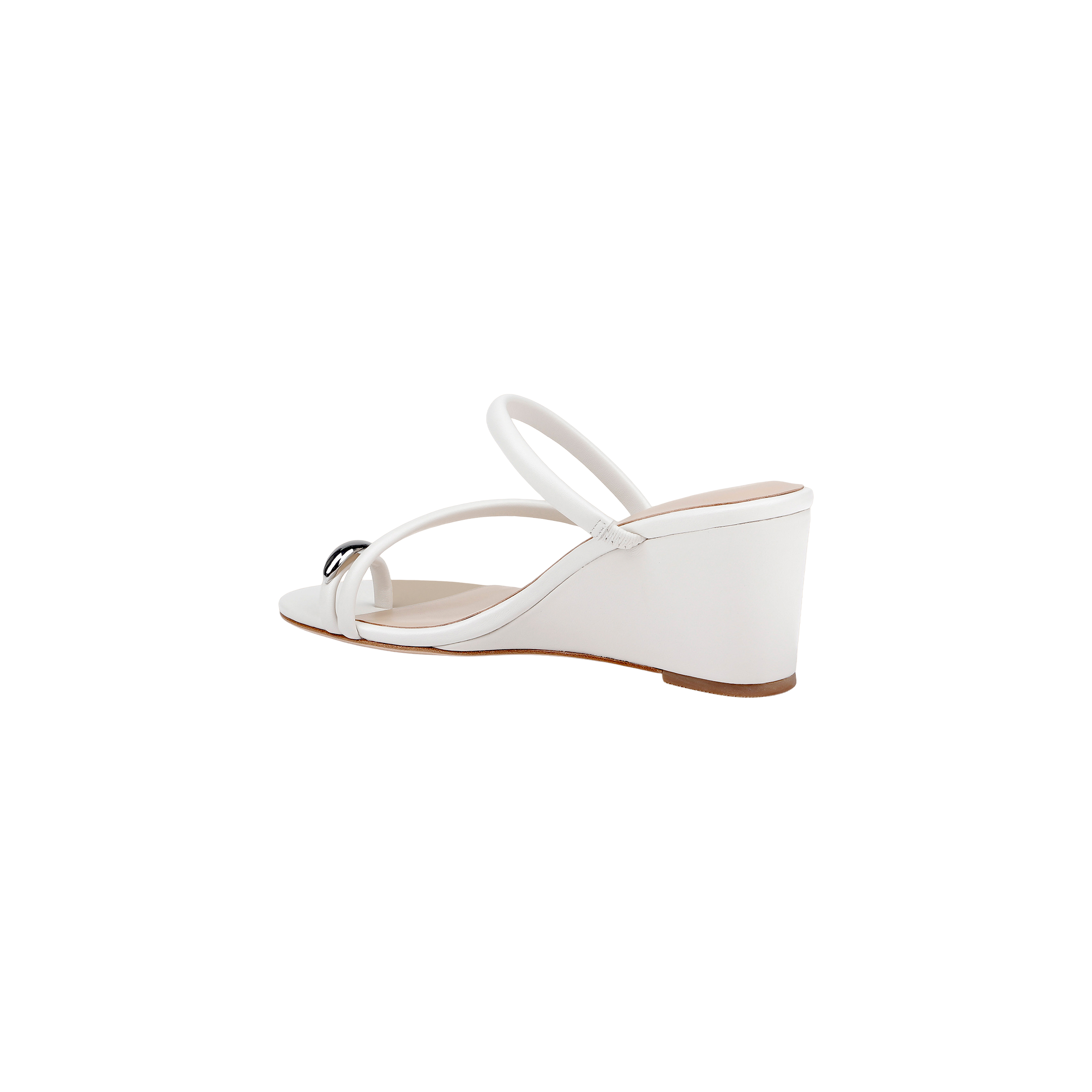 The Maritza Wedge Sandal features a white design with an open toe, two slender straps, and a subtle decorative accent on the front strap. Crafted for both comfort and style, it’s set on a walkable wedge with a tan sole, shown against a plain white background.