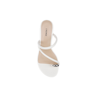 The Maritza Wedge Sandal is a white, open-toe heeled sandal with a metal-capped toe ring and two slim straps crossing the foot, displayed from a top-down view on a plain white background.