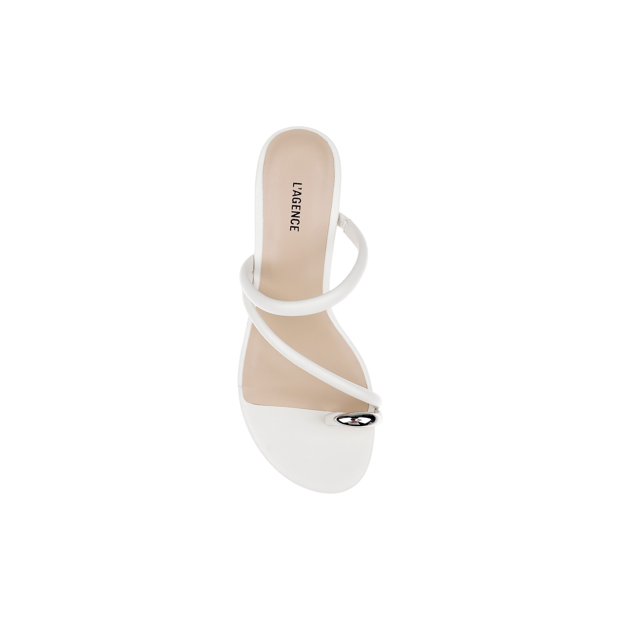 The Maritza Wedge Sandal is a white, open-toe heeled sandal with a metal-capped toe ring and two slim straps crossing the foot, displayed from a top-down view on a plain white background.