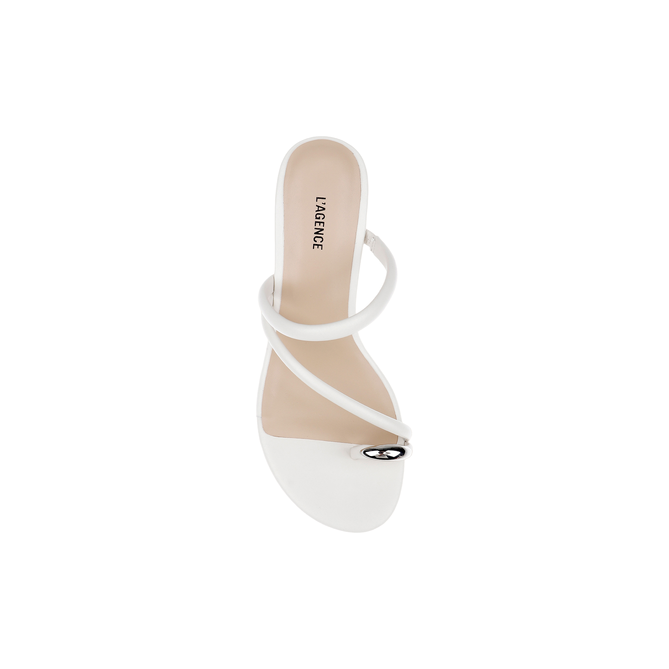 The Maritza Wedge Sandal is a white, open-toe heeled sandal with a metal-capped toe ring and two slim straps crossing the foot, displayed from a top-down view on a plain white background.