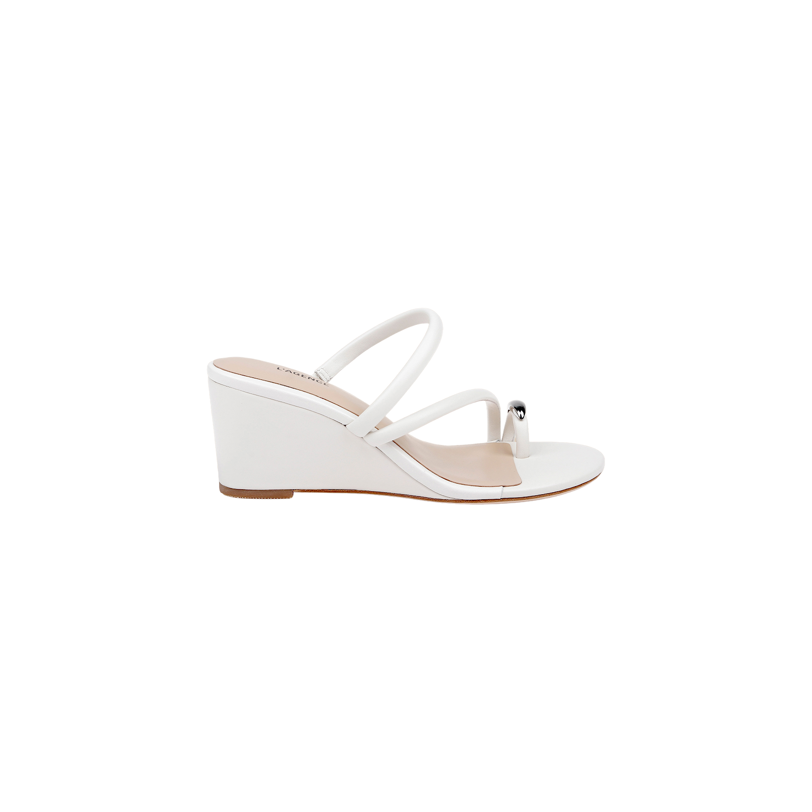 The Maritza Wedge Sandal is a white open-toe wedge featuring two thin straps and a metal-capped toe ring accent on the toe strap. Designed for comfortable support with its walkable wedge heel, it is displayed against a plain white background.
