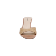Front view of the Maryam Kitten-Heel Mule in beige, showcasing a minimalist design with a raffia upper, woven strap, and flat sole, set against a plain white background.