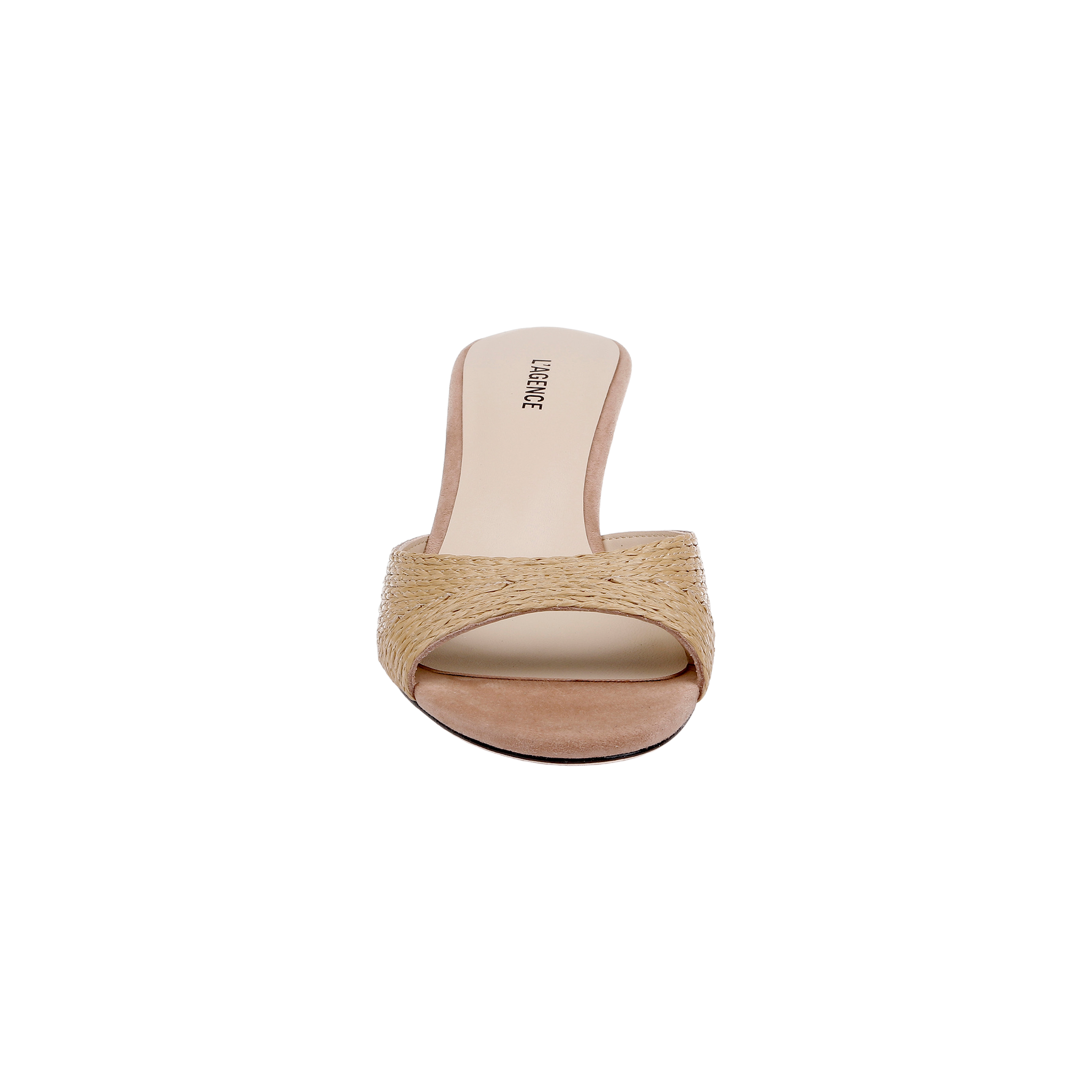 Front view of the Maryam Kitten-Heel Mule in beige, showcasing a minimalist design with a raffia upper, woven strap, and flat sole, set against a plain white background.