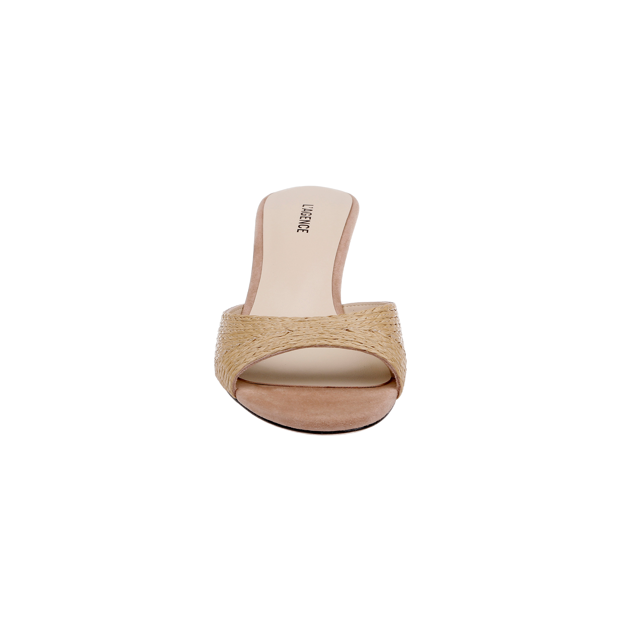 Front view of the Maryam Kitten-Heel Mule in beige, showcasing a minimalist design with a raffia upper, woven strap, and flat sole, set against a plain white background.