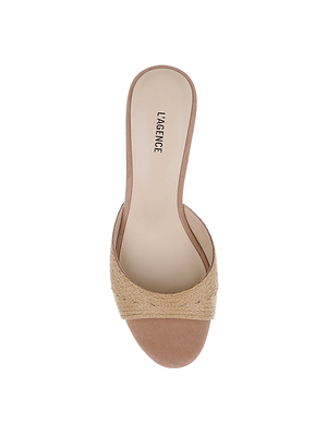 A top view of the Maryam Kitten-Heel Mule: a beige open-toe slide sandal with a raffia woven upper strap, cushioned insole, and LAGENCE branding inside—an effortlessly minimalist, yacht-ready mule.