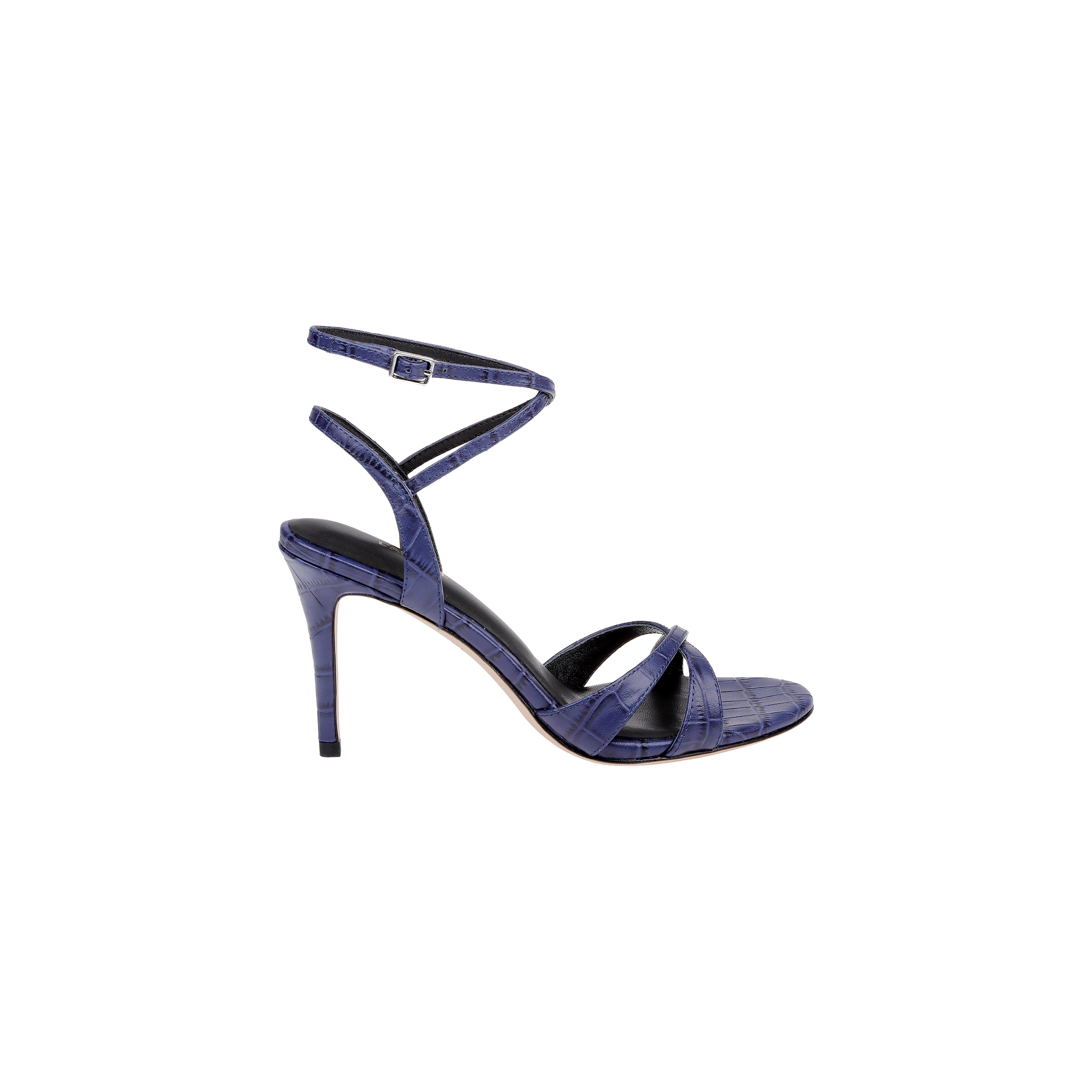 Introducing the Miranda Leather Sandal: a single high-heeled sandal crafted in textured dark purple leather, featuring an ankle-wrap strap with a buckle and two crossing straps over the toes—an elegant choice for pairing with evening gowns.