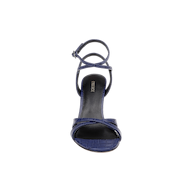 The Miranda Leather Sandal is a single navy blue, open-toe shoe with an ankle-wrap strap and a textured pattern, shown from above against a plain white background. This elegant design complements evening gowns perfectly.
