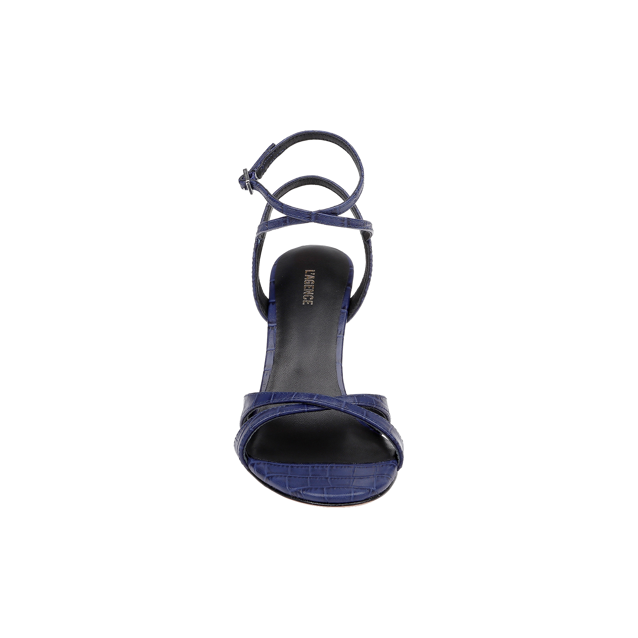 The Miranda Leather Sandal is a single navy blue, open-toe shoe with an ankle-wrap strap and a textured pattern, shown from above against a plain white background. This elegant design complements evening gowns perfectly.