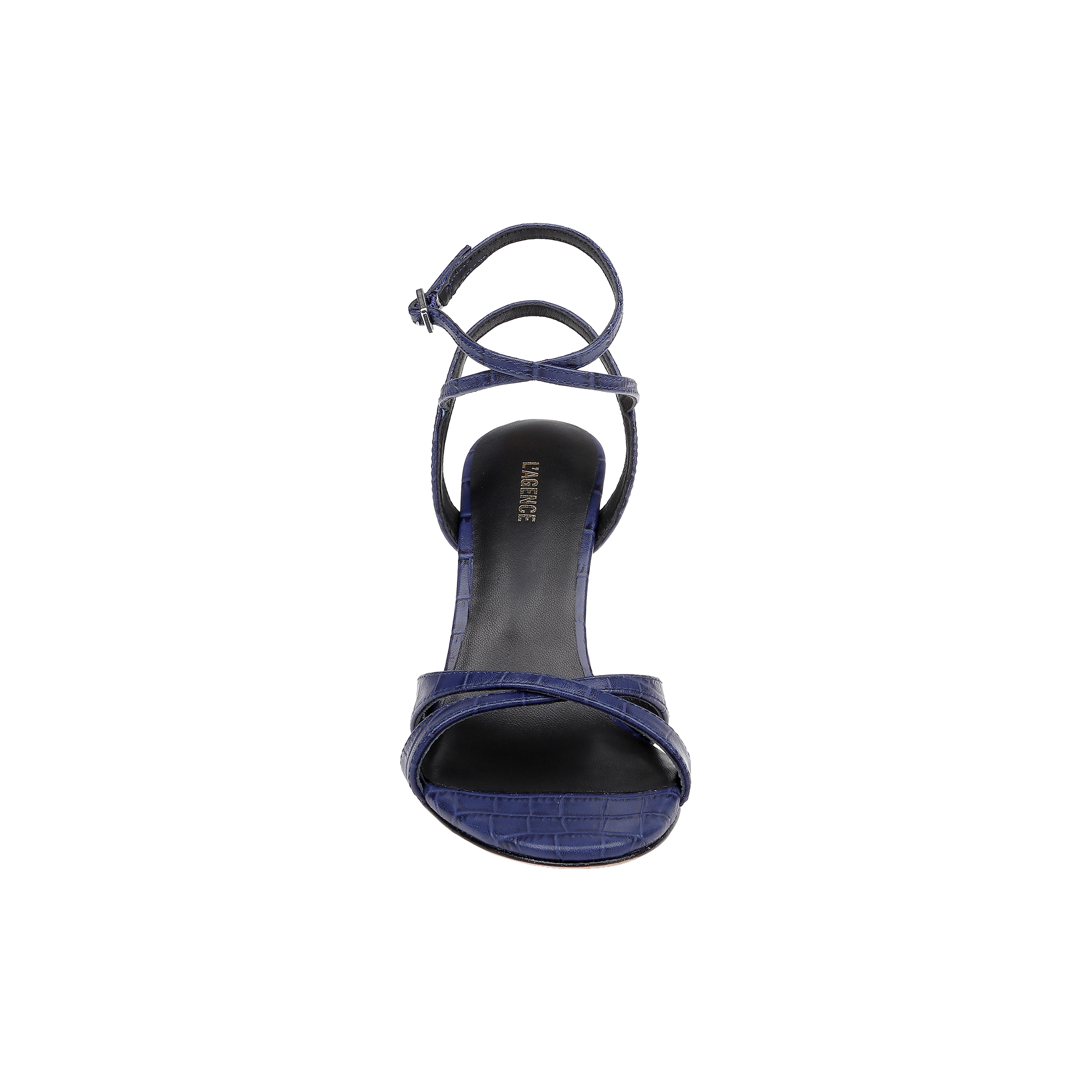 The Miranda Leather Sandal is a single navy blue, open-toe shoe with an ankle-wrap strap and a textured pattern, shown from above against a plain white background. This elegant design complements evening gowns perfectly.