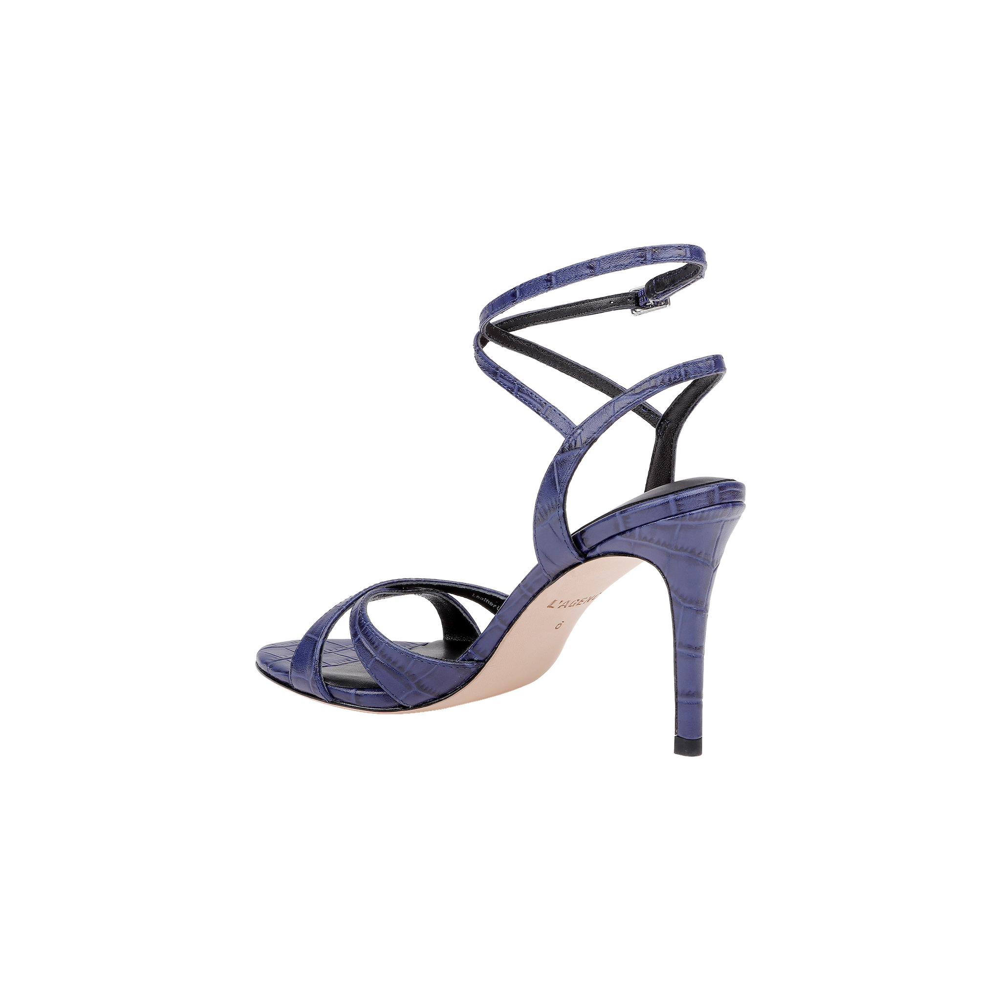 The Miranda Leather Sandal is a high-heeled sandal crafted in glossy purple leather with a crocodile texture, showcasing crisscross straps and an ankle-wrap closure, displayed from the side against a white background. Perfect for complementing evening gowns.