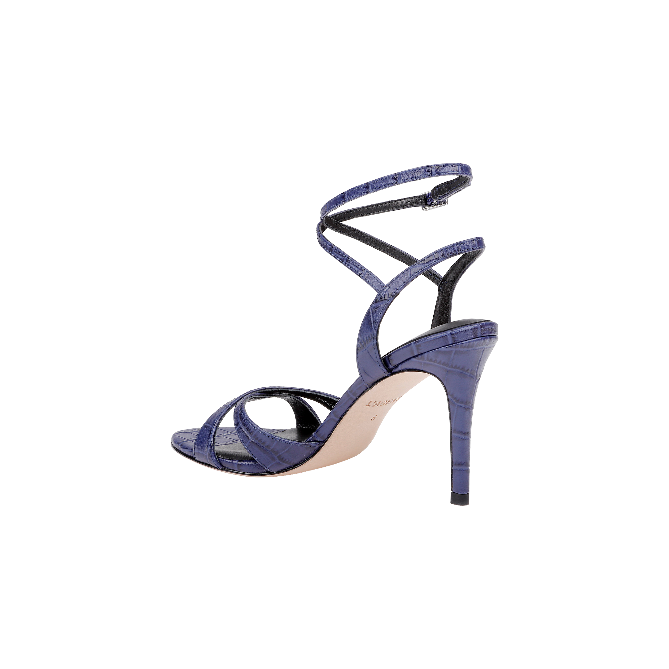 The Miranda Leather Sandal is a high-heeled sandal crafted in glossy purple leather with a crocodile texture, showcasing crisscross straps and an ankle-wrap closure, displayed from the side against a white background. Perfect for complementing evening gowns.