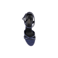 A top view of the Miranda Leather Sandal showcases its navy blue, textured design and ankle-wrap strap, with LAGREVE branding on the black insole, displayed on a plain white background—ideal for complementing evening gowns.