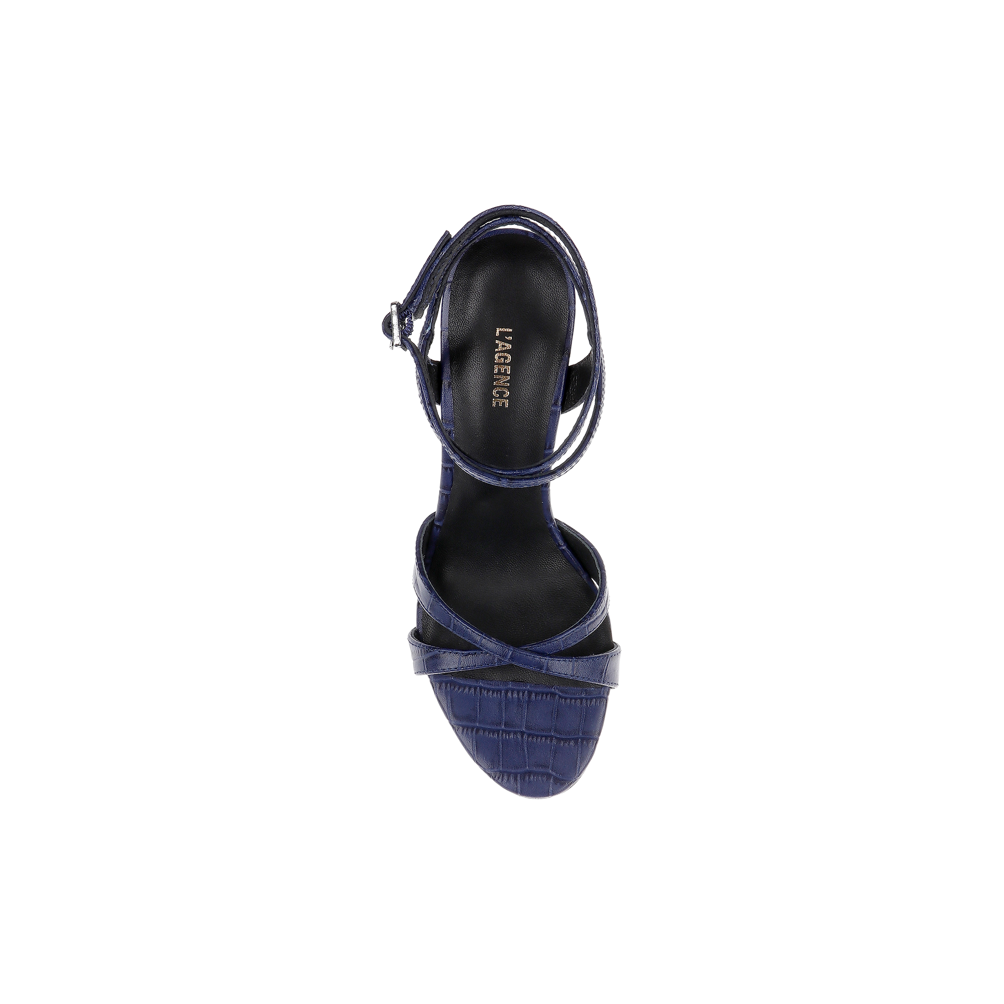 A top view of the Miranda Leather Sandal showcases its navy blue, textured design and ankle-wrap strap, with LAGREVE branding on the black insole, displayed on a plain white background—ideal for complementing evening gowns.