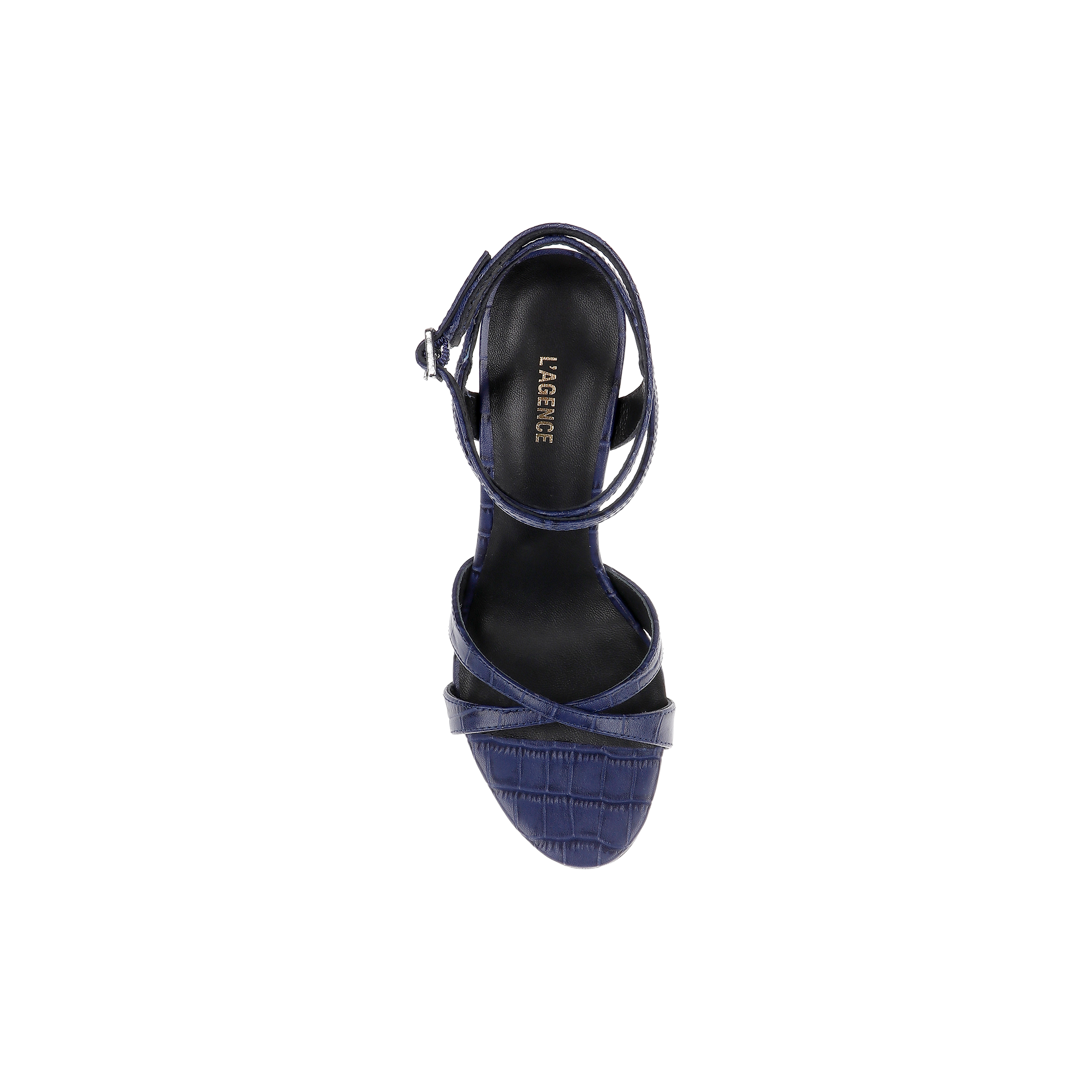 A top view of the Miranda Leather Sandal showcases its navy blue, textured design and ankle-wrap strap, with LAGREVE branding on the black insole, displayed on a plain white background—ideal for complementing evening gowns.