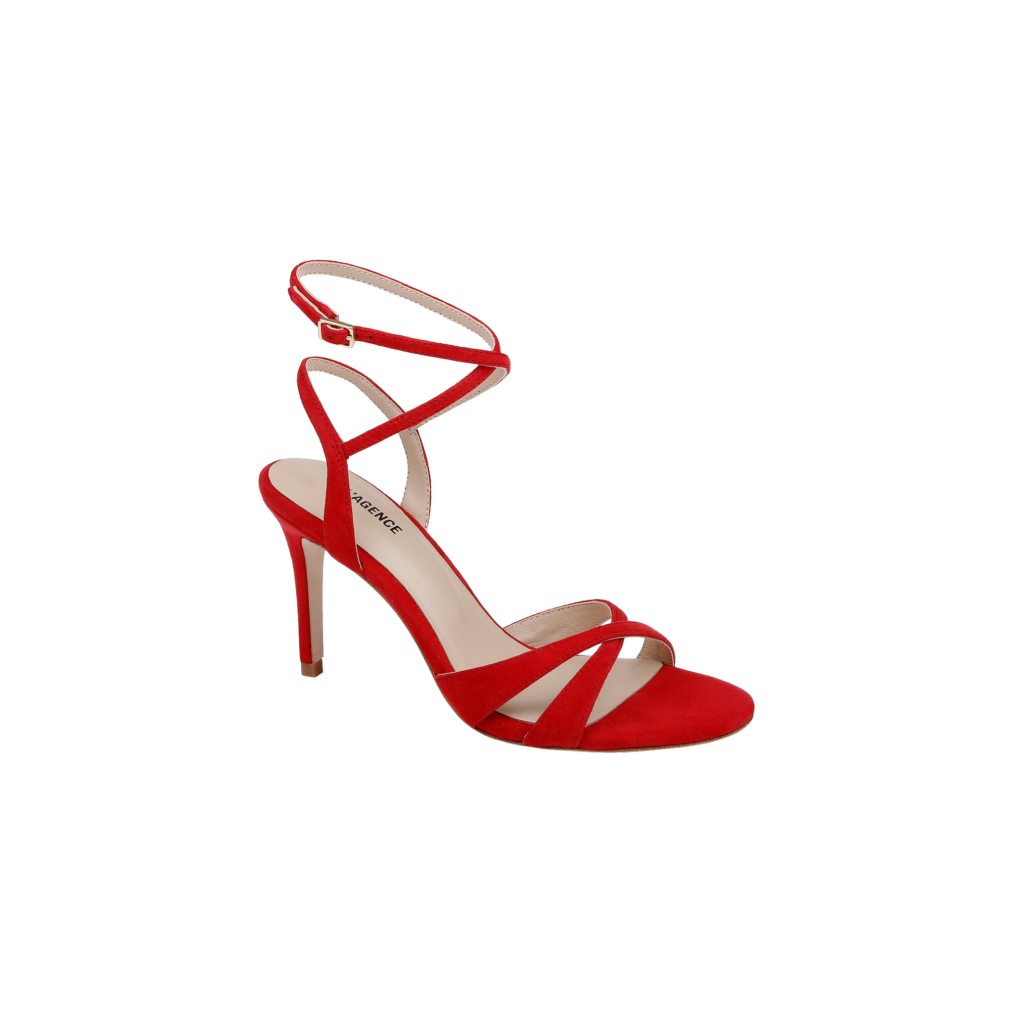 The Miranda Suede Sandal is a single red heel featuring thin crisscross straps and an adjustable ankle-wrap with buckle, displayed against a plain white background. Ideal as elegant evening footwear.