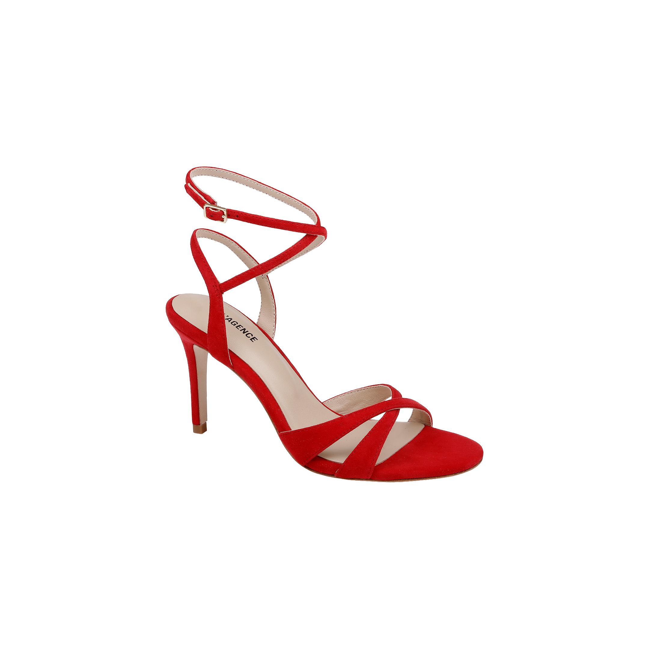 The Miranda Suede Sandal is a single red heel featuring thin crisscross straps and an adjustable ankle-wrap with buckle, displayed against a plain white background. Ideal as elegant evening footwear.