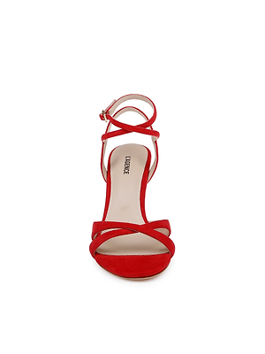 The Miranda Suede Sandal in red features two crisscrossing toe straps, an ankle-wrap buckle strap, and a beige Lifestride-branded insole—an elegant choice for chic evening wear.