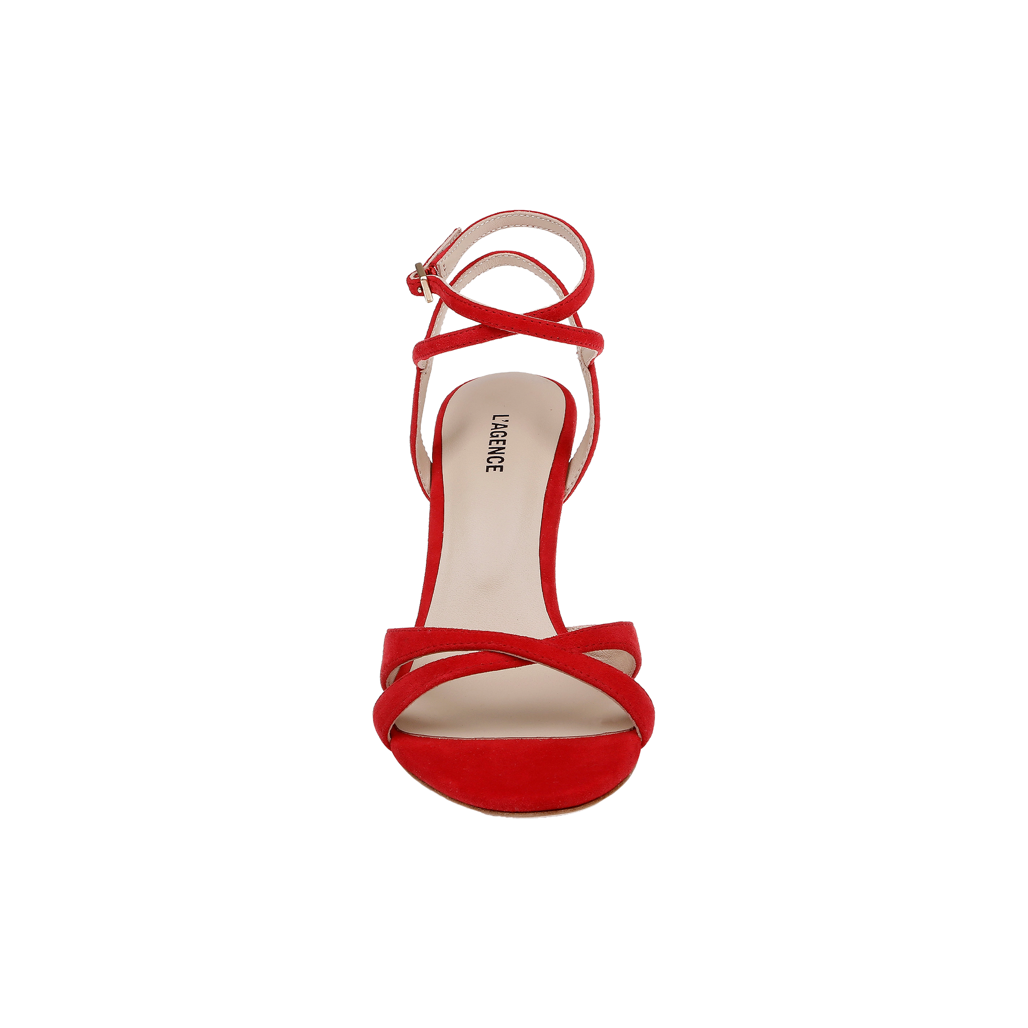 Miranda Suede Sandal—red, strappy high-heel with an ankle-wrap strap and open toe, viewed from above on a plain white background—perfect as elegant evening shoes or chic red suede heels.