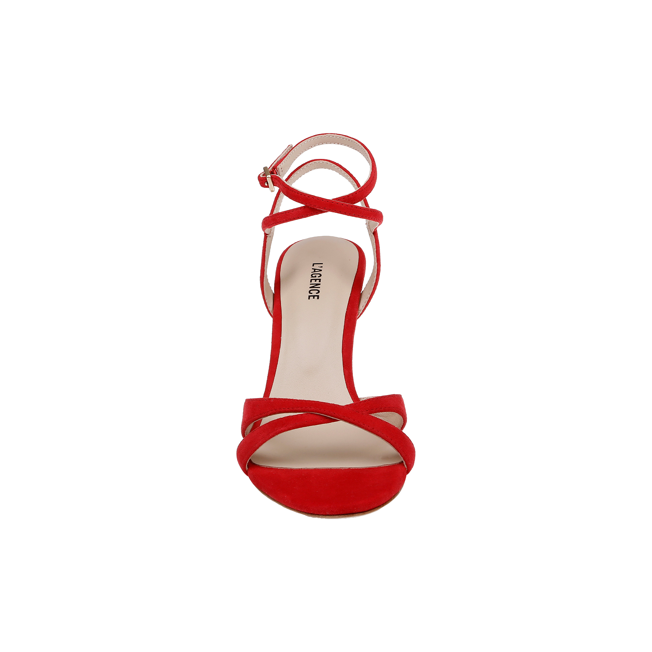 Miranda Suede Sandal—red, strappy high-heel with an ankle-wrap strap and open toe, viewed from above on a plain white background—perfect as elegant evening shoes or chic red suede heels.